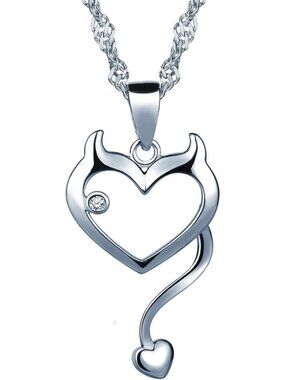 925 Sterling Silver Devil Heart Pendant Necklace with Cubic Zirconia Sparkle